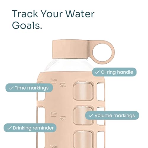 purifyou 40oz / 32oz / 22oz / 12oz Borosilicate Glass Water Bottle with Time & Volume Markers, Silicone Sleeve, Stainless Steel Lid | Reusable Glass Bottle for Water & Juice (32oz Hazelnut)