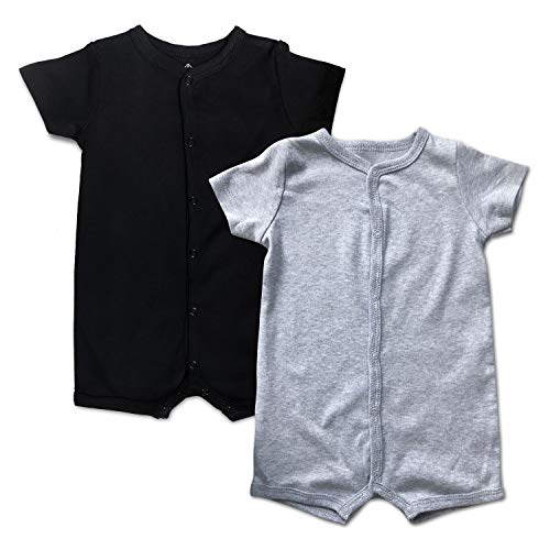 DEFAHN Baby Boys Girls Short Sleeve Rompers, 2 Pack Solid Color Cotton One-Piece Jumpsuit Coverall (Black+Gray, 6-9 Months)