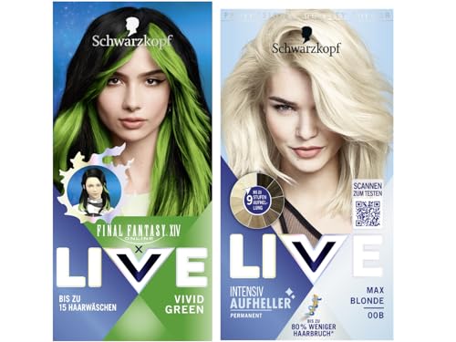 FINAL FANTASY™ XIV Online x LIVE Ultra Brights Tinte semipermanente 024 verde vivo (80 ml) & Schwarzkopf Live Abrillantador Max Blonde 00B (142,5 ml), decolorante, antiamarillez