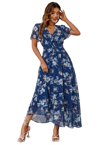 Image of Simplee Women's Boho Floral Maxi Dress Flowy Casual V Neck Short Sleeve Wedding Guest Holiday Beach Long Dress