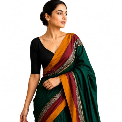 Image of Narayanpet Cotton Saree for Women | Green Plain Body with Contrast Red & Mustard Pallu | Traditional Border South Indian Handloom | Festive & Office Wear | Premium Ethnic Drape