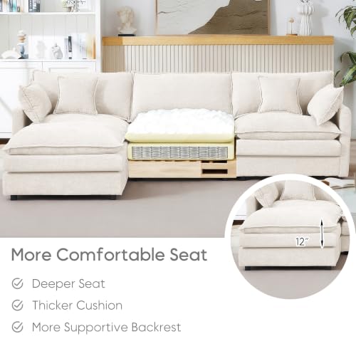 Image of 110.5 inch L Shaped Modular Sectional Sofa, Comfy Upholstery Chenille Cloud Couch with Ottoman, Modern 4-Seat Deep Seat Sofa with Pillow for Living Room, Apartment, Beige White