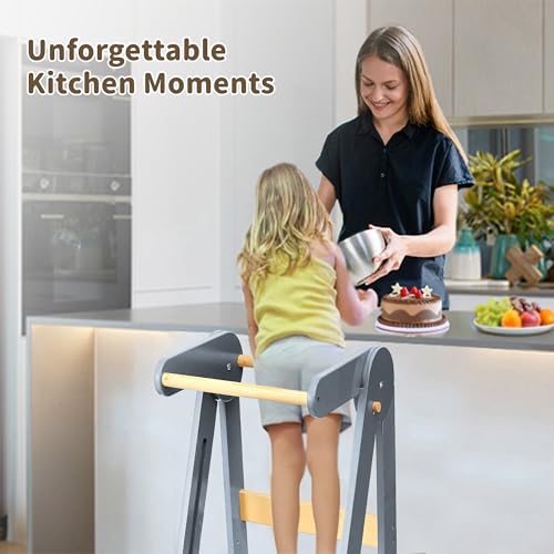 Image of Foldable Toddler Tower Preassembled Kitchen Stool, Folding Tower for Learning with 3 Adjustable Heights Montessori Toddler Standing Tower for Kids Collapsible Wooden Step Stool, Light Gray