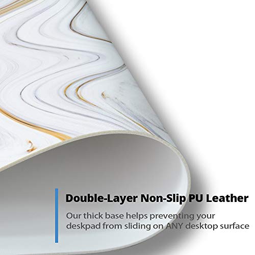 Qiyi White Mouse Pad, Cute Marble Large Desk Mat, Pu Leather Desk Protector Mousepad, Gold Grey Striped Waterproof Computer Keyboard Gaming Mouse Pads, Non Slip Extended Writing Pad 31.5" X 15.7" #TOP4