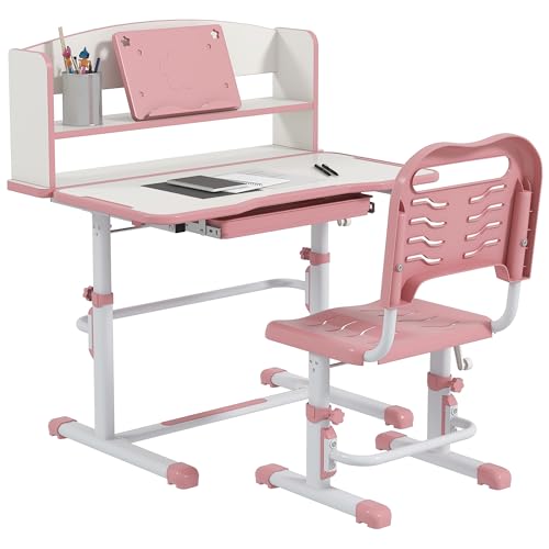 ZONEKIZ Scrivania per Bambini con Sedia, Set Banco Scuola Regolabile in Altezza con Cassetto e Piano Inclinabile, Età 6-12 Anni, Rosa