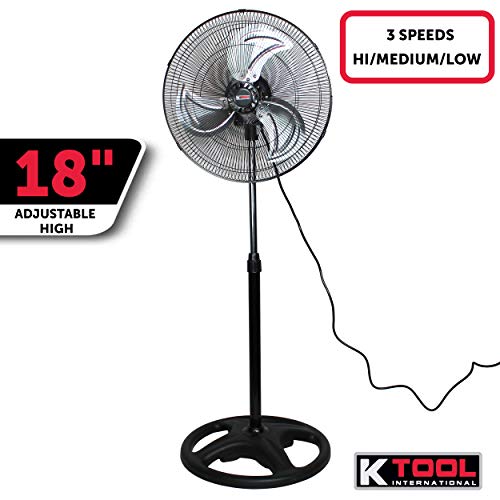 K Tool International 77733; 18 Inch Pedestal Fan; For Commercial And Residential Use, 3 Speed Motor, Wide Fan Blades Designed For Quiet Operation, Adjustable Height Pedestal, 1,810 Max Cfm, Black #TOP1