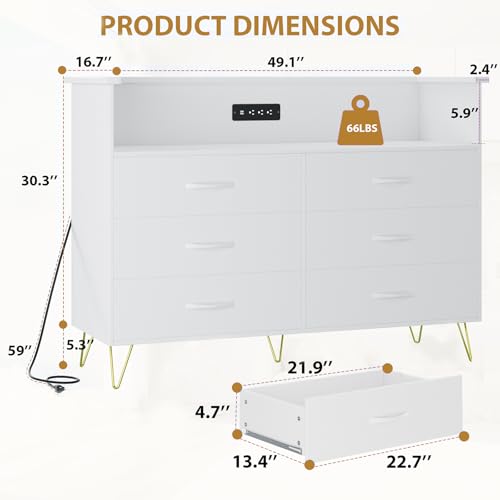 Image of Dresser for Bedroom with 6 Drawers, Wide Wood Chest of Drawers with Charging Station & RGB LED Lights - Storage and Organization Dresser for Living Room, Closet, Hallway, MDF Cabinet, White