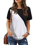 LAISHEN Women's Short Sleeve T Shirts Casual Round Neck Triple Color Block Patchwork Blouse Summer T