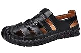  Sandalias Hombre Verano Suave Cuero Caucho Cerrado-Toe Respirable Antideslizantes Al Aire Libre Trekking Playa Cómodo Sandalias Casuales Negro 46 EU