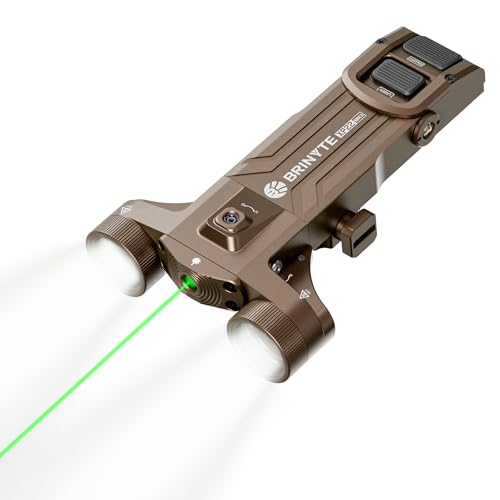 Brinyte XP22 MK3 1600 Lumens Dual-Head Tactical Flashlight with Green Laser Combo Shockproof & Low Profile Picatinny Rail Mount Light Rechargeable Light with Strobe & Momentary for Outdoor Training