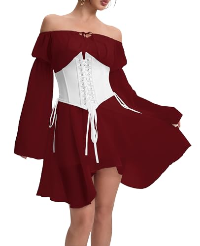 Image of Womens Corset Dresses Off Shoulder Bell Sleeve Casual Party Fairy Two Piece Outfits Bustier Dress