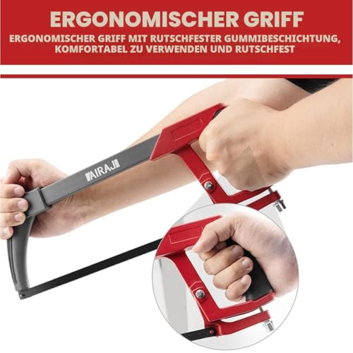 AIRAJ Metallsäge 300 MM,Hand-Sägen mit 10 Austauschbarer Klinge,45 °/90 ° Eisensäge für Metall,Holz,Stahl,PVC-Rohr,Gefrorenem Fleisch,Bügelsäge und Plastik,Profi Metallsäge