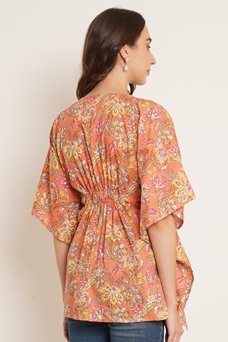 Image of COTLAND Fashions Jaipuri Cotton Kimono Sleeves Printed Longline Kaftan Top for Women