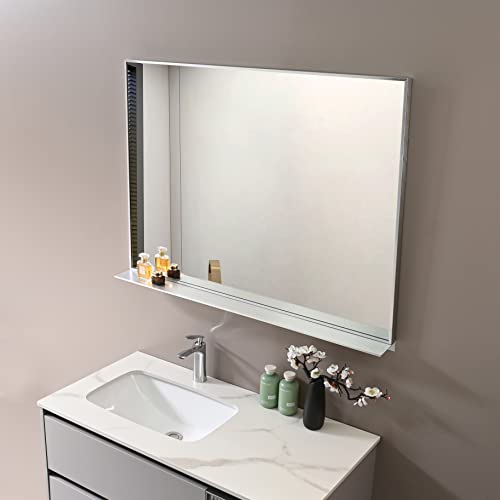 Petushouse Framed 40'' X 30'' Rectangular Silvery Mirrors With Removable Shelf, Modern Wall Mirror For Bathroom, Bedroom, Living Room, Hanging Horizontally #TOP12
