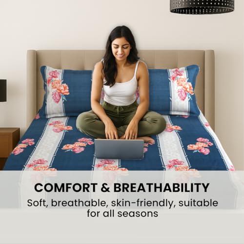 Image of Mafatlal Plush 140 GSM Double Bed Sheet | Lightweight Microfiber | 90 x 100 Inches | Queen Size | Premium Feel & High Durability | Dark Blue & Beige