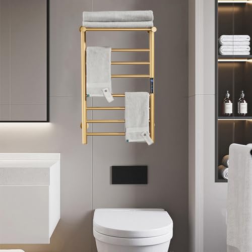 XMGJ Electric Towel Warmer Gold with Timer, 7 Bar Wall Mounted Heated Towel Rack for Bathroom, 304 Stainless Steel Heater Towel Rail with Top Shelf, Energy Efficient 70 W, 720*450*250Mm, Hardwiring by XMGJ - Used condition - Image 2