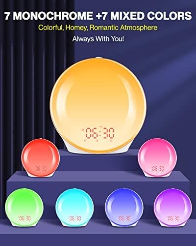 Laliled Radio Alarm Clock Dawn and Dusk Simulator, Fourteen-Color Wake-up Light 10 Alarm Tones Snooze Function FM Radio Alarm Clocks 20 Brightness Levels Bedside Lamp