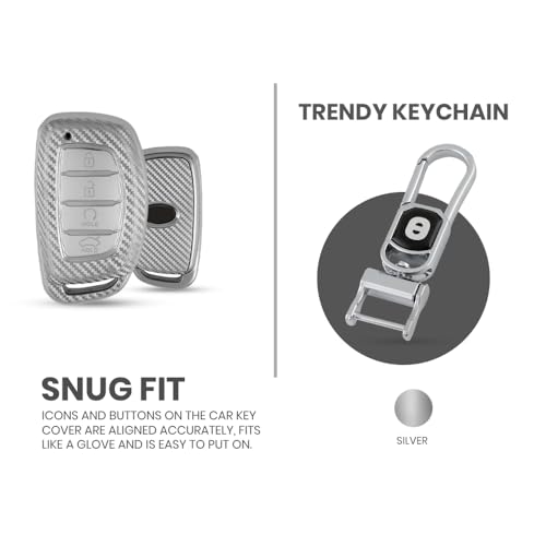 Image of keyzone Silverstar TPU Key Cover with Keychain for Hyundai Alcazar, Creta, 4 Button Smart Key (Silver)
