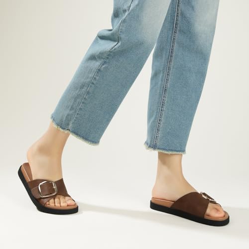 Ankis Brown Flat Sandals for Women 2025,Womens Buckle Summer Beach Sandals with Back Strap,Wide Width Leather Sandals for Women Comfortable Dressy(Size9)4