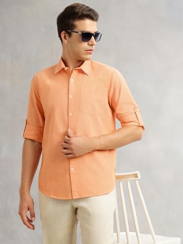 Image of Thomas Scott Men's | Solid | Premium Linen Blend | Spread Collar | Summer Wear | Long Sleeve | Shirts for Men