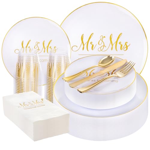 I00000 Mr and Mrs Wedding Plastic Plates and Napkins Set,Bridal Shower Plates Set for 25 Guests Include 25 Dinner Platos,25 Dessert Platos,25 Cups,25 Napkins,25 Gold Cutlery for Engagement Party Decor