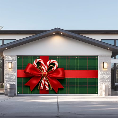 IVN Christmas Garage Door Banner 6x13 Ft Plaid Gift Wrap With Red Bow And Candy Canes Backdrop Garage Door Covers Decorative Holiday Christmas Garage Door Cover Mural Winter Scene Photo Backdrop by IVN - Used condition - Image 7