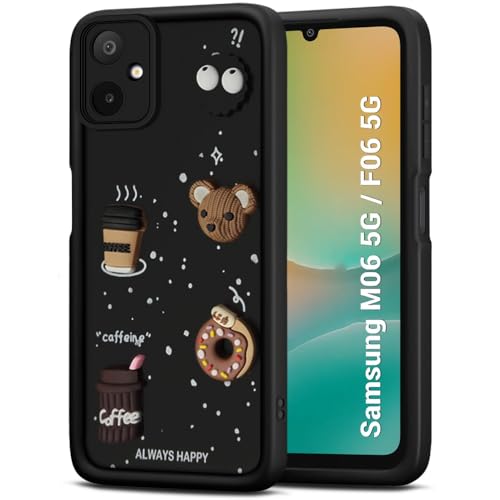 Image of TheGiftKart Back Cover Case for Samsung Galaxy M06 5G / F06 5G | Cute Fun Cartoon 3D Bear Coffee Case | Full Camera Protection | Shockproof Back Cover Case for Samsung M06 / F06 5G (Silicone, Black)