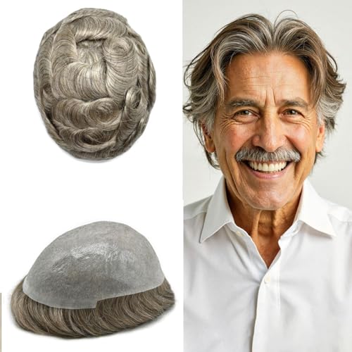 Super Thin Skin Mens Toupee 0.03mm Ultra Thin Skin Hair System For Men Human Hair Black Brown Blonde Gray V-looped Hairpiece 6''x8''-100%,1760# Dark Ash Blonde With 60% Gray