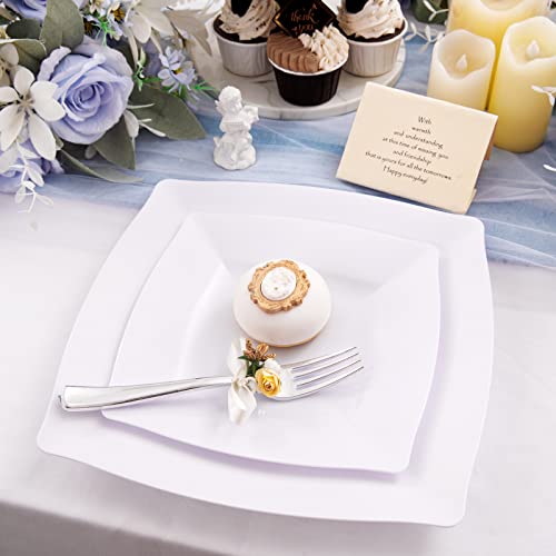 Morejoy 60 Pcs White Square Plastic Plates - White Disposable Dinner Plates 10.5" - Premium White Appetizer Plate - White Dessert/Salad Plate 9“ For Wedding Birthday Party #TOP3