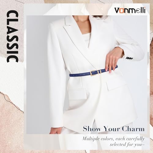 VONMELLI Leather Thin Belt for Women, Navy Blue Women's Skinny Belt Ladies Belt for Jeans Dress with Gold Buckle M3