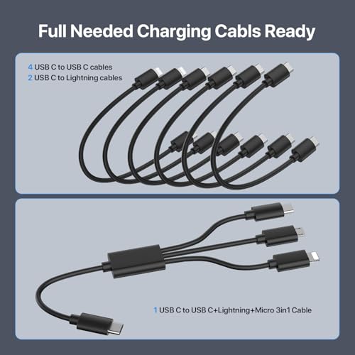 Image of SooPii Premium 140W 7-Port USB C Charging Station for Multiple Devices, Each PD 20W Fast Charging for Phone and Tablet,7 Mixed Cables Included,Black