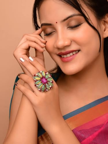 Image of SANJOYA Gold Plated Traditional Embroidered Jewellery for Women & Girls | Stone Studded Wedding, Festive, Mehendi, Sangeet Collection | Necklace, Earrings, Maang Tikka, Bracelet & Ring