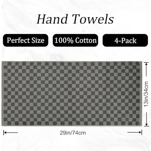 Image of Soft Hand Towels 4 Pack, Grey Checkered Face Towel Set for Bathroom Kitchen | Decorative Quick Dry Towel 13x29 Inches