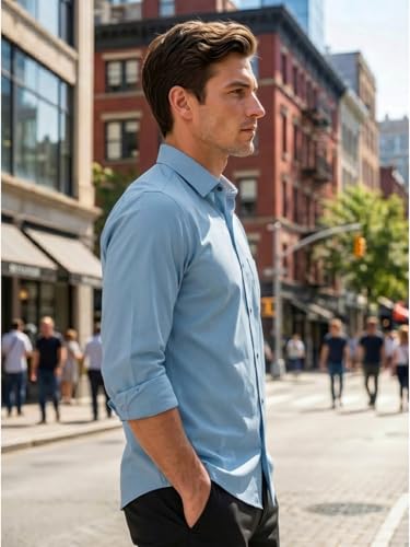 Image of Men's Regular Fit Solid Pattern Cotton Shirt with Spread Collared Long Sleeve Standard Length and Button Down Closure Type | Shirts | Stylish Shirts for Men