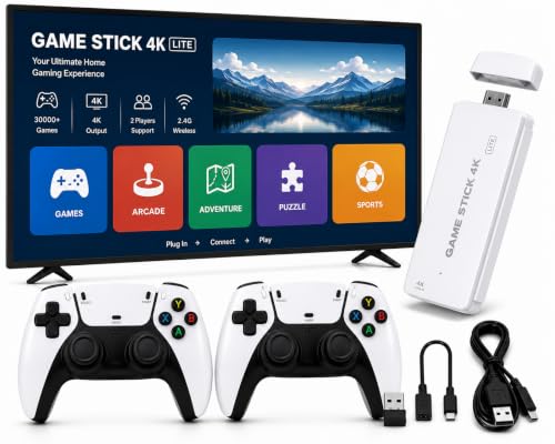Image of HD Retro Game Stick for TV with 30,000+ Built-in Games, Wireless Dual Controllers, HDMI Plug & Play Video Game Console, 64GB TF Card Expandable to 128GB, 2 Player Gaming System for Kids & Adults
