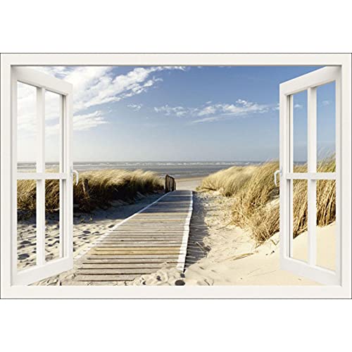 Tableau Decoration Murale Faux Fenêtre Plage Mauvaises Herbes Chemin Paysage Marin Peinture sur Toile Peinture Art Mural pour Le Salon Chambre Decoration Ation Photo 40X60Cm X1 sans Cadre Cover
