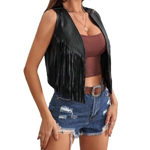 Women Western Leather Pu Fringe Jacket v Neck Sleeveless Boho Tassel Cropped Cardigan 70s Hippie Outwear Vest