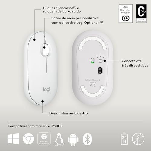 Mouse sem fio Logitech Pebble 2 M350s com Clique Silencioso, Design Slim Ambidestro, Conexão Bluetooth e Pilha Inclusa - Bran