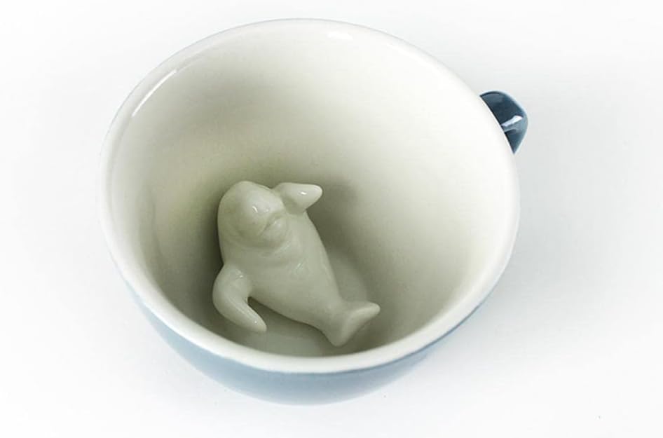 Creature Cups MANATEE Ceramic Cup (11 Ounce, Grey Blue Exterior) - 3D Animal Inside Mug - Birthday, Holiday & Housewarming Drinkware Gift for Coffee & Tea Lovers