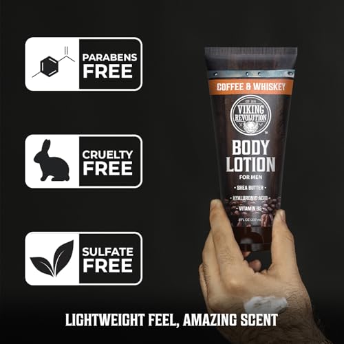 Image of Viking Revolution Coffee Whiskey Body Lotion for Men -Mens Lotion for Dry Skin with Shea Butter, Hyaluronic Acid and Vitamin B5 - Nourishing Mens Body Lotion for Hydrated and Smooth Skin (8oz, 1 Pack)