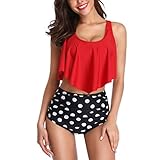 Ugitopi Damen Verstellbare Oberteile Badeanzüge mit hoher Taille Bademode Bikinis Set (Red Whitedot,XL)