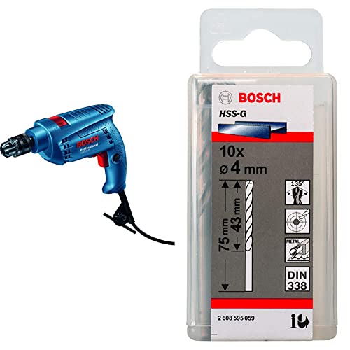 Bosch GSB 501 500-Watt Professional Impact Drill Machine (Blue) with Bosch 2608595059 Metal Drill Bits HSS, G Drill Bit, 4.0 x 43 x 75 mm, 10 in 1 Pack