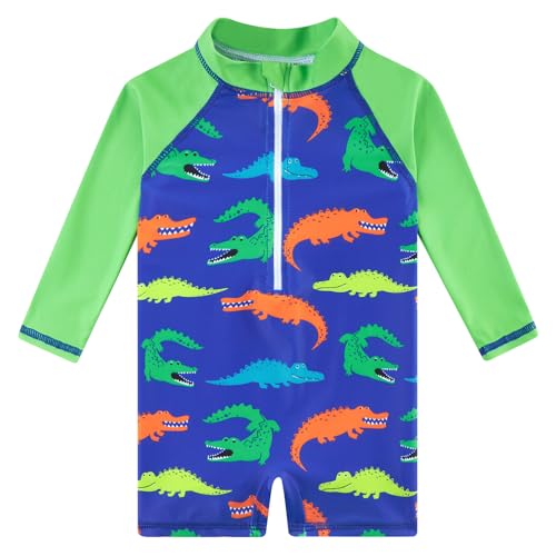 Funnycokid Baby Swimsuit Boy 12-18 Months Green Rash Guards Zipper One Piece Bathing Suit Long Sleeve Swimwear Long Sleeve UPF 50+