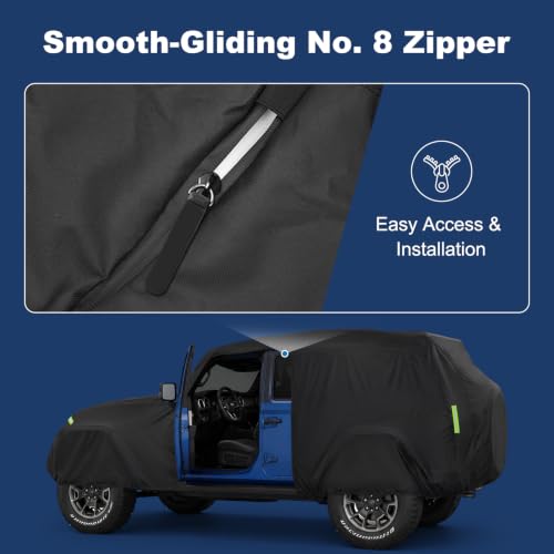 Image of QUNSUNUS Car Cover for Jeep CJ7 Waterproof with Cotton Inner, Zipper, Strap | Heavy 420D Oxford Outdoor All-Weather CJ7 Covers, with Elastic Hems and Double-stitched Seams, for Dust, Sun, Wind Protection
