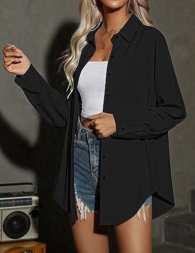 HOTOUCH Women Black Button Down Shirts Boyfriend Long Sleeve Oversized Collar Shirt Soft Office Blouses with Pockets XXL - Thumbnail 2