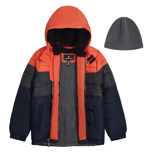 Image of LONDON FOG Boys' Heavyweight Hooded Puffer Jacket with Sherpa-Lined Hood & Fleece Beanie