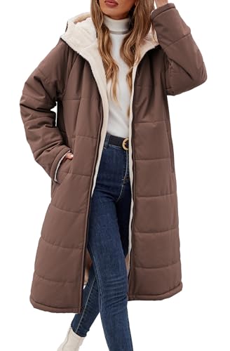 Vancavoo Wintermantel Damen Lang Winterjacke Warm Gefüttert Winterparka Winter Jacke Mantel Parka Steppmantel Daunenmantel mit Kapuze,Kaffee,XL