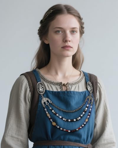 Image of L'VOW Viking Apron Brooch Cloak Clasp Brooches with Bead Chain for LARP Cosplay Costume Norse Accessories