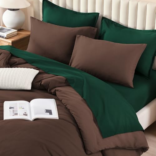 Image of Litanika Full Comforter Sets Brown Emerald Green- 7 Pieces Bed in a Bag Beddding Sets, Solid Lightweight Bed Set with Comforter, Sheets, Pillowcases & Shams