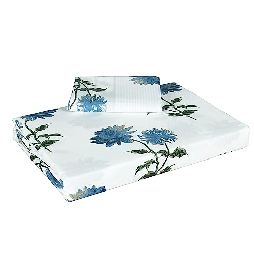 Image of Story@Home 144 TC Single Bedsheet Cotton Combo with 2 Pillow Cover | White & Blue | Floral (Bedsheet Single Bed : 57 in X 88 in & Pillow Cover : 16 in X 24 in)